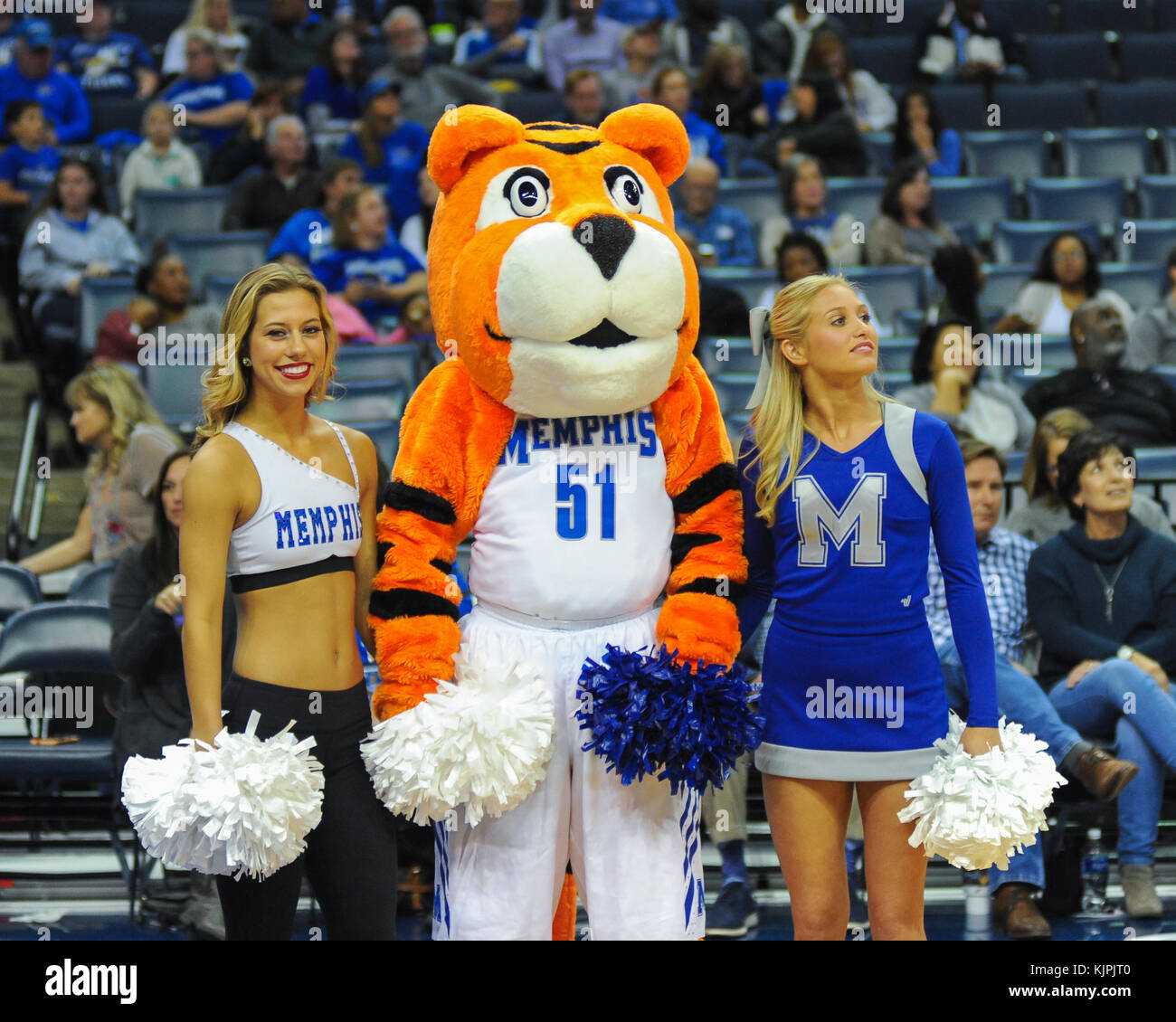 November 25, 2017; Memphis, TN, USA; Memphis Tigers Mascot, POUNCER, and  cheerleaders performing during an intermission in NCAA D1 basketball action  against NKU. The Memphis Tigers defeated the Northern Kentucky Norse, 76-74.
