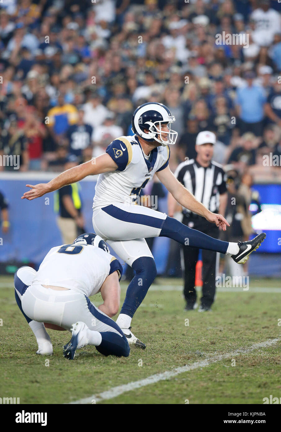 November 26, 2017 Los Angeles Rams kicker Greg Zuerlein (4) kicks a field  goal during the football game between the Los Angeles Rams and the New  Orleans Saints at the Los Angeles