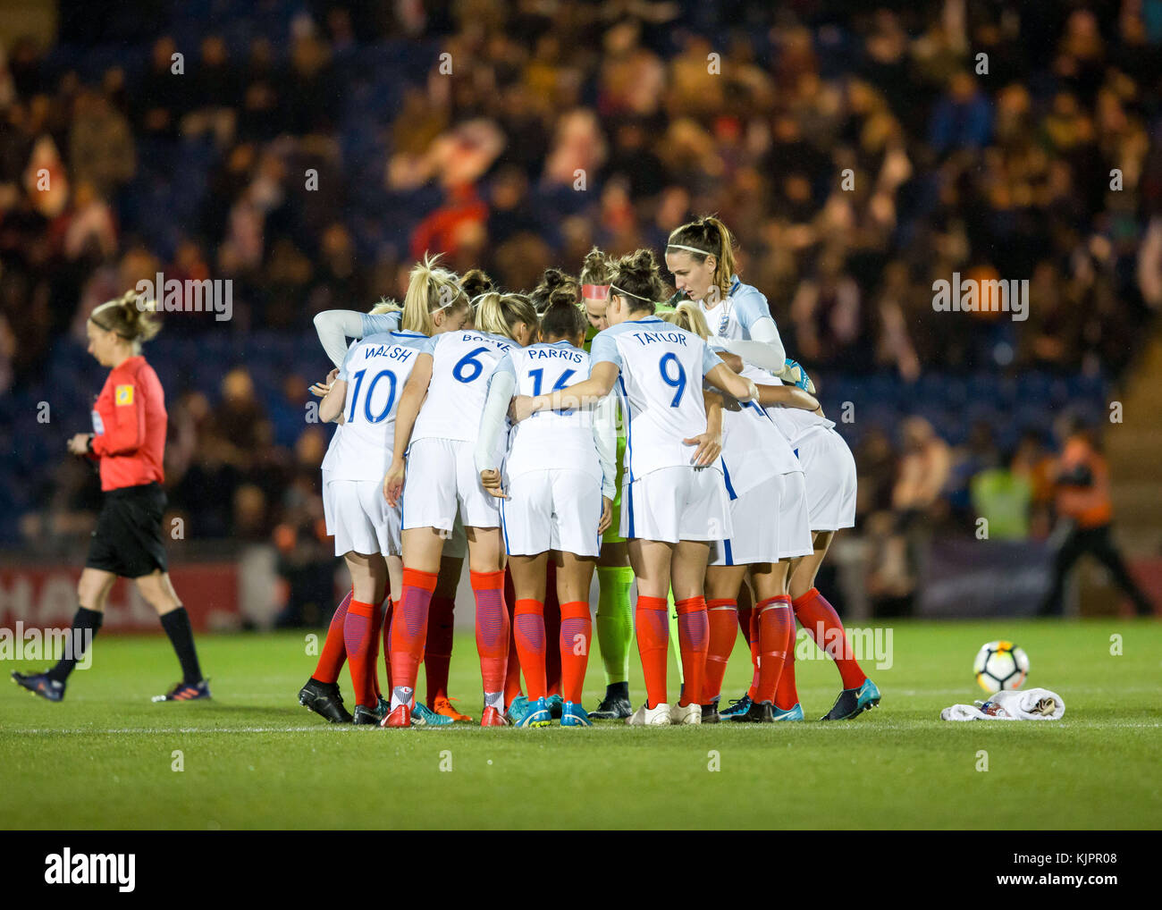 Colchester, UK. 28th Nov, 2017. England huddle prior to kick-off during the FIFA 2019 Women's World Cup Qualifier against Kazakhstan at the Weston Homes Community Stadium on November 28, 2017 in Colchester, England. Credit: Georgie Kerr/Alamy Live News Stock Photo