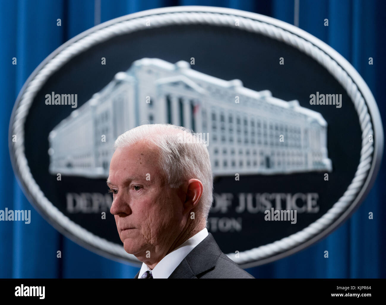 Washington, USA. 29th Nov, 2017. U.S. Attorney General Jeff Sessions reacts during a news conference at the U.S. Justice Department in Washington, DC, United States, on Nov. 29, 2017. Jeff Sessions on Wednesday announced a series of new measures aimed to combat the nationwide deepening opioid crisis. Credit: Ting Shen/Xinhua/Alamy Live News Stock Photo