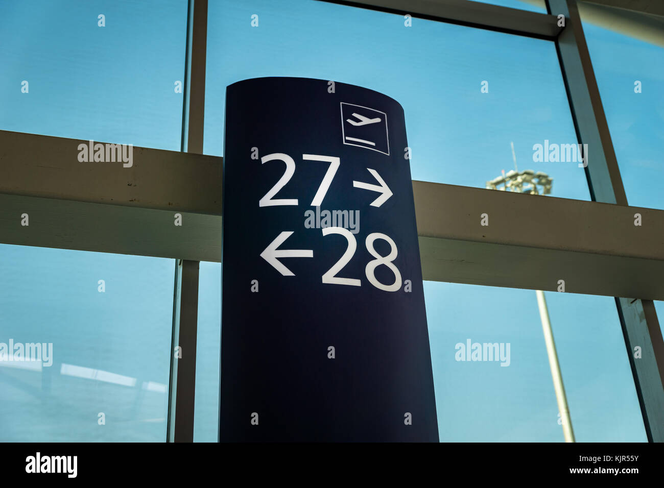 Airport Boarding gate entrance number sign board in departure area