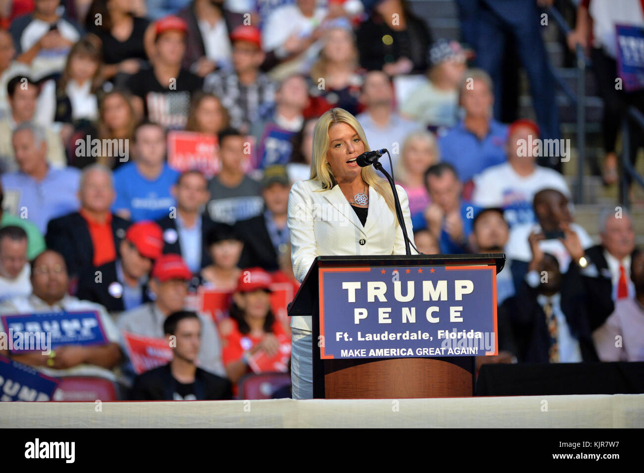 SUNRISE, FL - AUGUST 10: Pam Bondi speaks during a Trump rally. Pamela Jo 'Pam' Bondi is an American attorney, politician and member of the Republican Party who serves as the current Attorney General of Florida at The BB&T Center on August 10, 2016 in Sunrise Florida  People:  Pam Bondi Stock Photo