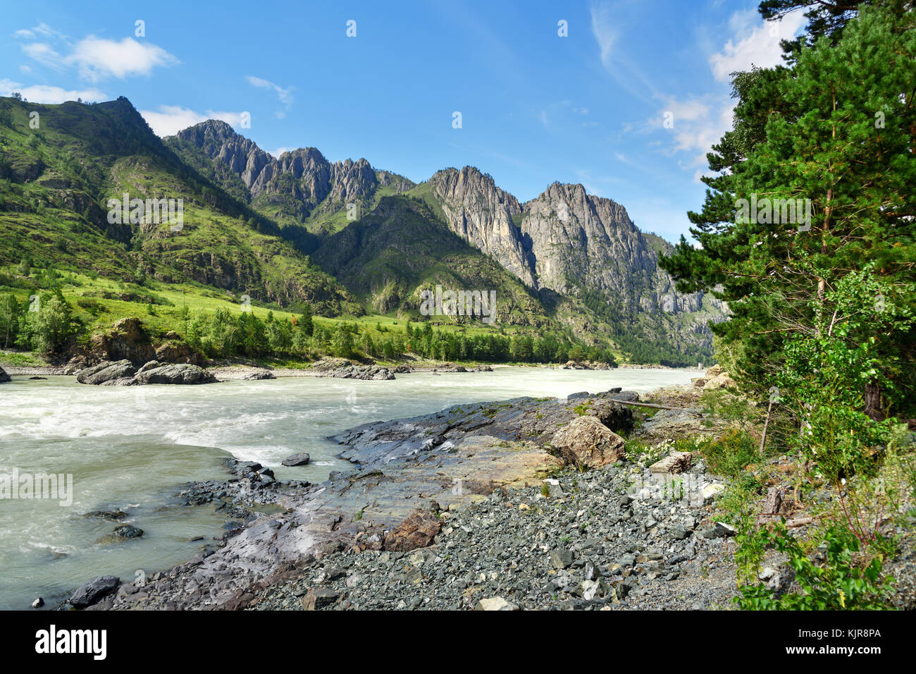 View of Katun river near Yelanda village. Altai Republic, Siberia. Russia Stock Photo