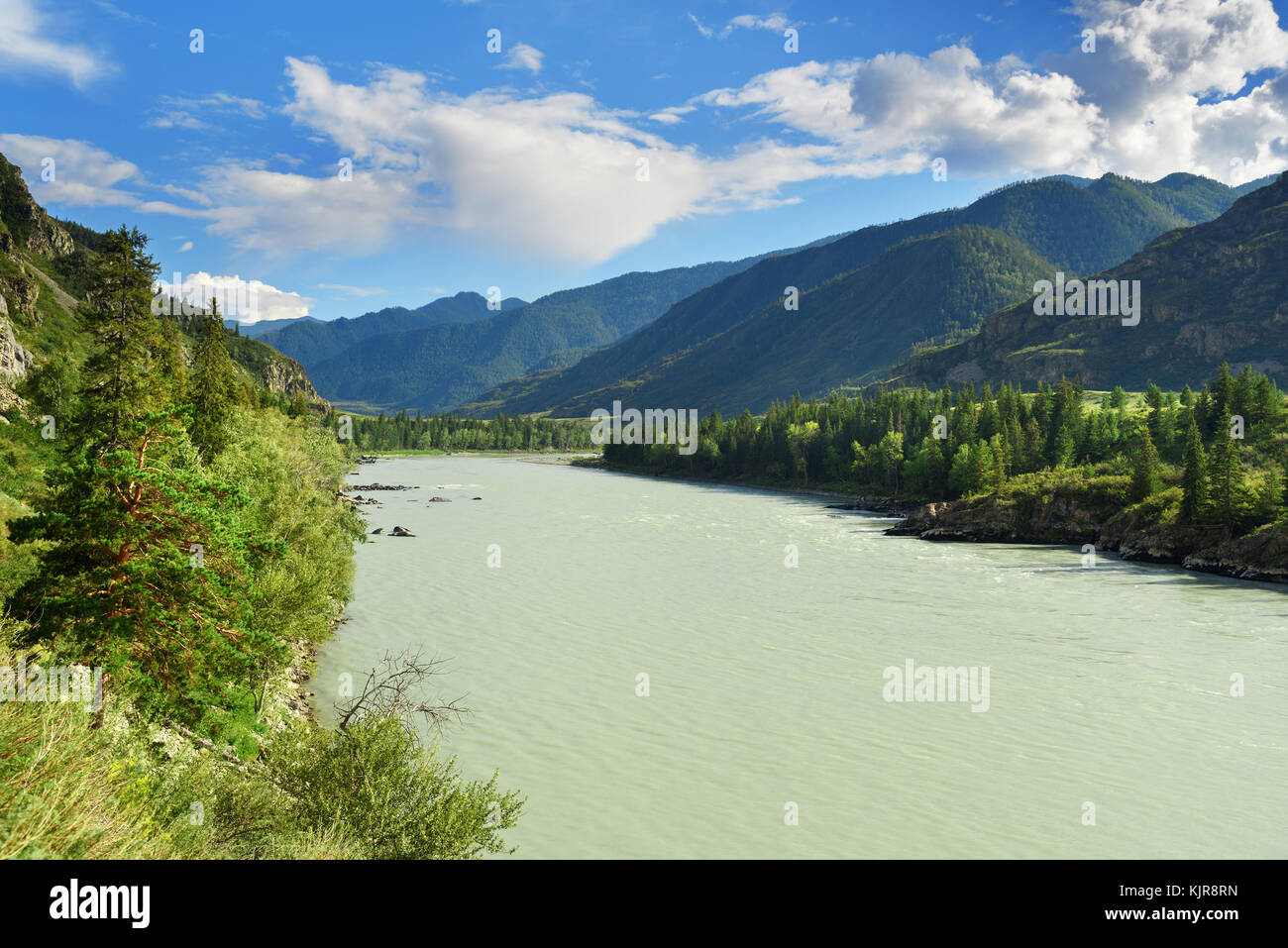 View of Katun river near Kuyus village. Altai Republic, Siberia. Russia Stock Photo