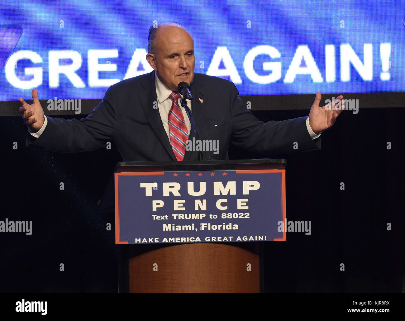 MIAMI, FL - SEPTEMBER 16: Former Mayor of New York City Rudy Giuliani introduces US Republican presidential nominee Donald Trump during a campaign event at James L. Knight Center on September 16, 2016 in Miami, Florida   People:  Rudy Guiliani Stock Photo