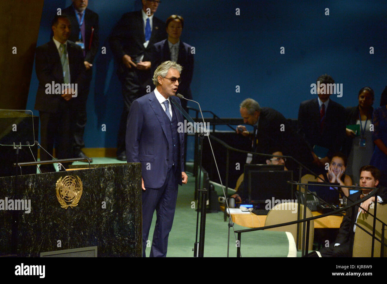 NEW YORK, NEW YORK - SEPTEMBER 20: Andrea Bocelli addresses the United ...