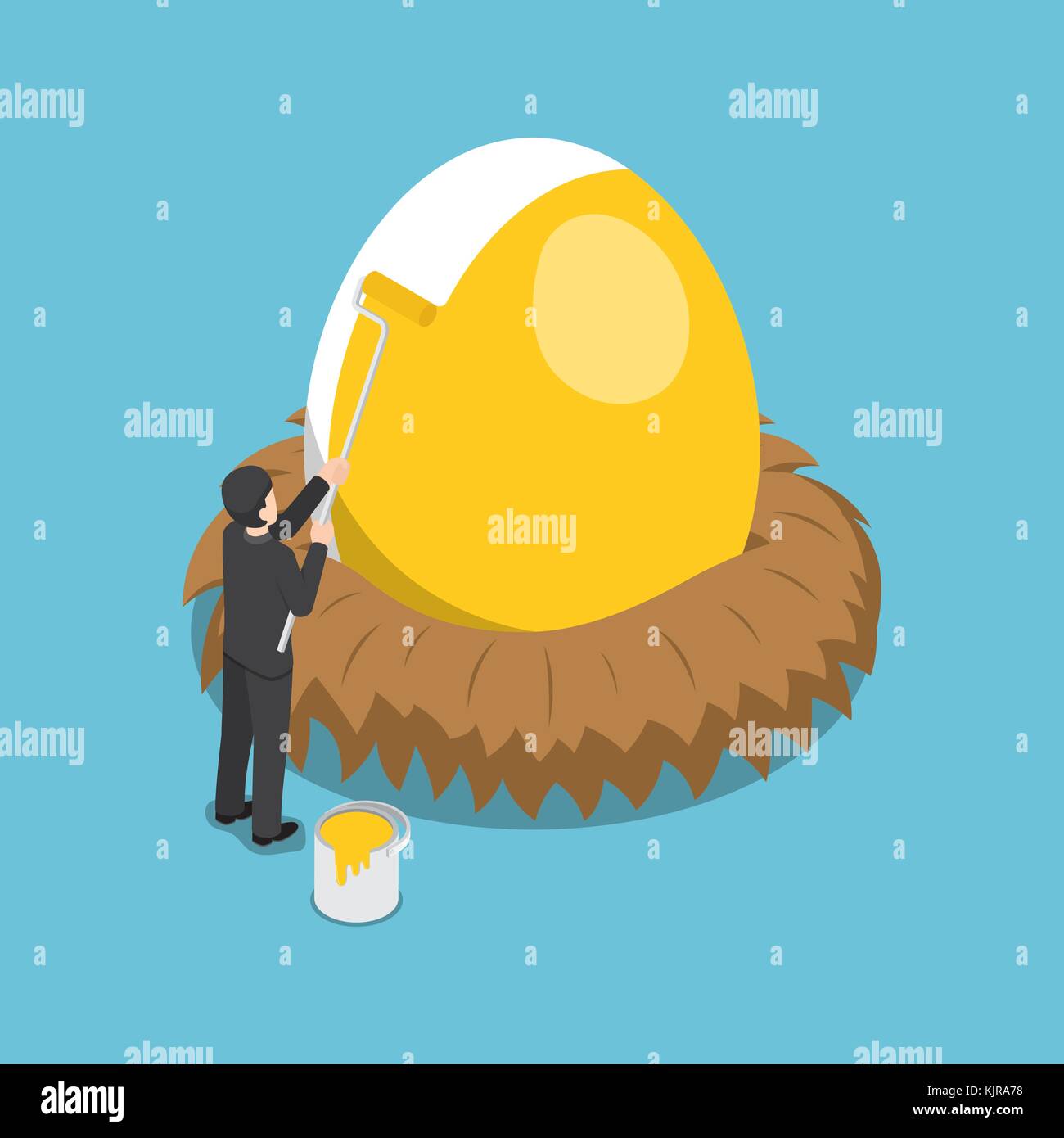 Flat 3d isometric businessman painting golden color on the egg. Financial  and investment concept. Stock Vector