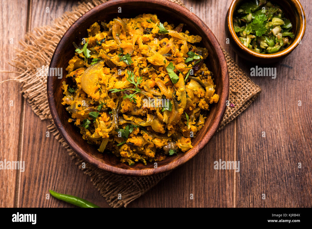 Zunka Bhakar Pithla or pitla, popular vegetarian recipe from India Stock Photo