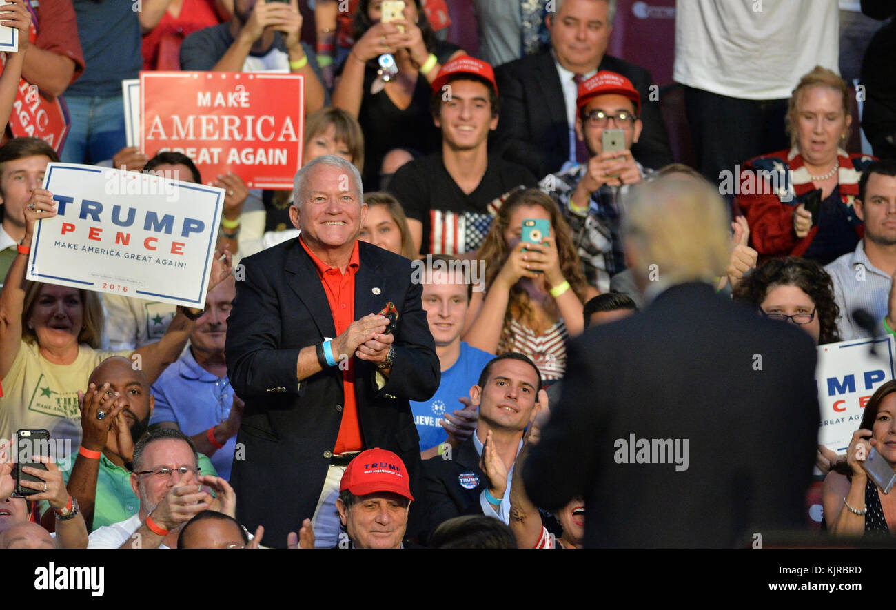 FORT LAUDERDALE, FL - AUGUST 10: Donald Trump on Wednesday again slammed Hillary Clinton and her campaign for allowing the father of Orlando shooter Omar Mateen to sit in the stands behind her at a recent rally But sitting behind Trump was ex-congressman Mark Foley, who resigned in disgrace in 2006 after sending sexually explicit messages to underage teenage boys.during his campaign event at the BB&T Center on August 10, 2016 in Fort Lauderdale, Florida.  People:  Mark Foley, Donald Trump Stock Photo