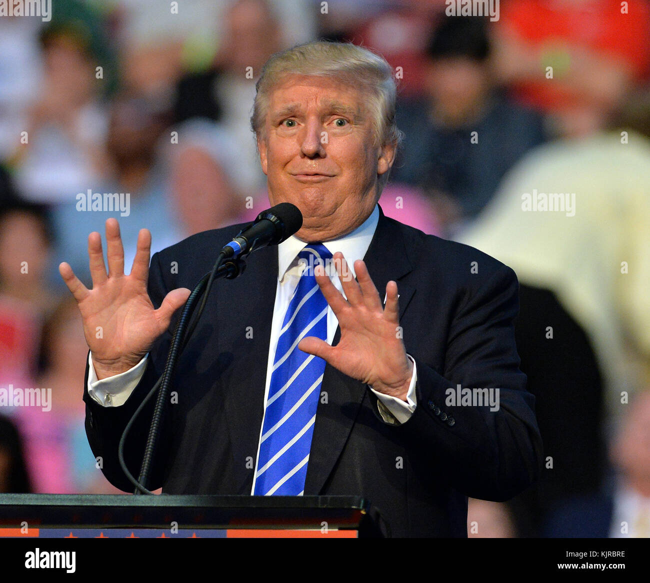 FORT LAUDERDALE, FL - AUGUST 10: Donald Trump on Wednesday again slammed Hillary Clinton and her campaign for allowing the father of Orlando shooter Omar Mateen to sit in the stands behind her at a recent rally But sitting behind Trump was ex-congressman Mark Foley, who resigned in disgrace in 2006 after sending sexually explicit messages to underage teenage boys.during his campaign event at the BB&T Center on August 10, 2016 in Fort Lauderdale, Florida.  People:  Mark Foley, Donald Trump Stock Photo