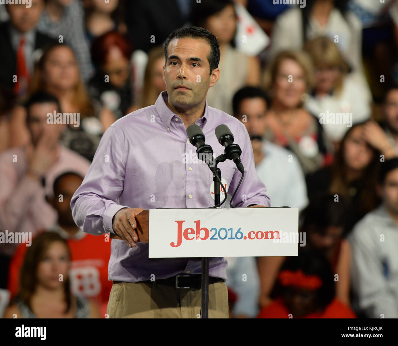 MIAMI, FL - JUNE 15: Former Florida Governor Jeb Bush announces his candidacy for the 2016 Republican Presidential nomination during a rally at Miami Dade College on June 15, 2015 in Miami, Florida   People:  George P. Bush Stock Photo