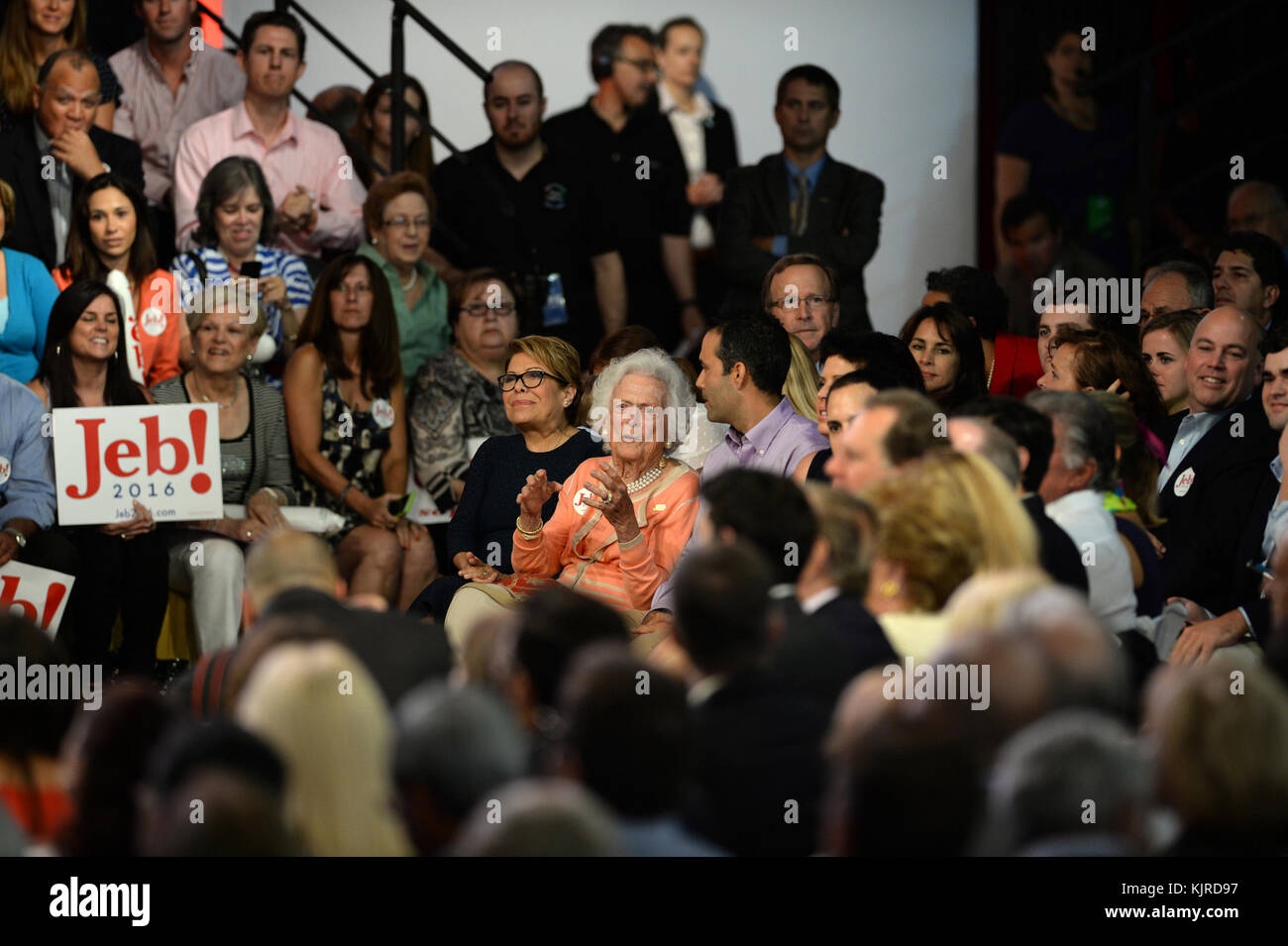 MIAMI, FL - JUNE 15: Former Florida Governor Jeb Bush on stage to announce his candidacy for the 2016 Republican presidential nomination at Miami Dade College - Kendall Campus Theodore Gibson Health Center (Gymnasium) June 15, 2015 in Miami, Florida. John Ellis 'Jeb' Bush will attempt to follow his brother and father into the nation's highest office when he officially announces today that he'll run for president of the United States   People:  Barbara Bush, George P. Bush Stock Photo