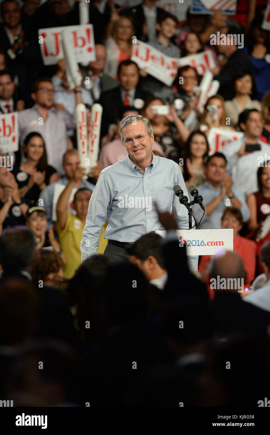 MIAMI, FL - JUNE 15: Former Florida Governor Jeb Bush on stage to announce his candidacy for the 2016 Republican presidential nomination at Miami Dade College - Kendall Campus Theodore Gibson Health Center (Gymnasium) June 15, 2015 in Miami, Florida. John Ellis 'Jeb' Bush will attempt to follow his brother and father into the nation's highest office when he officially announces today that he'll run for president of the United States   People:  Jeb Bush Stock Photo