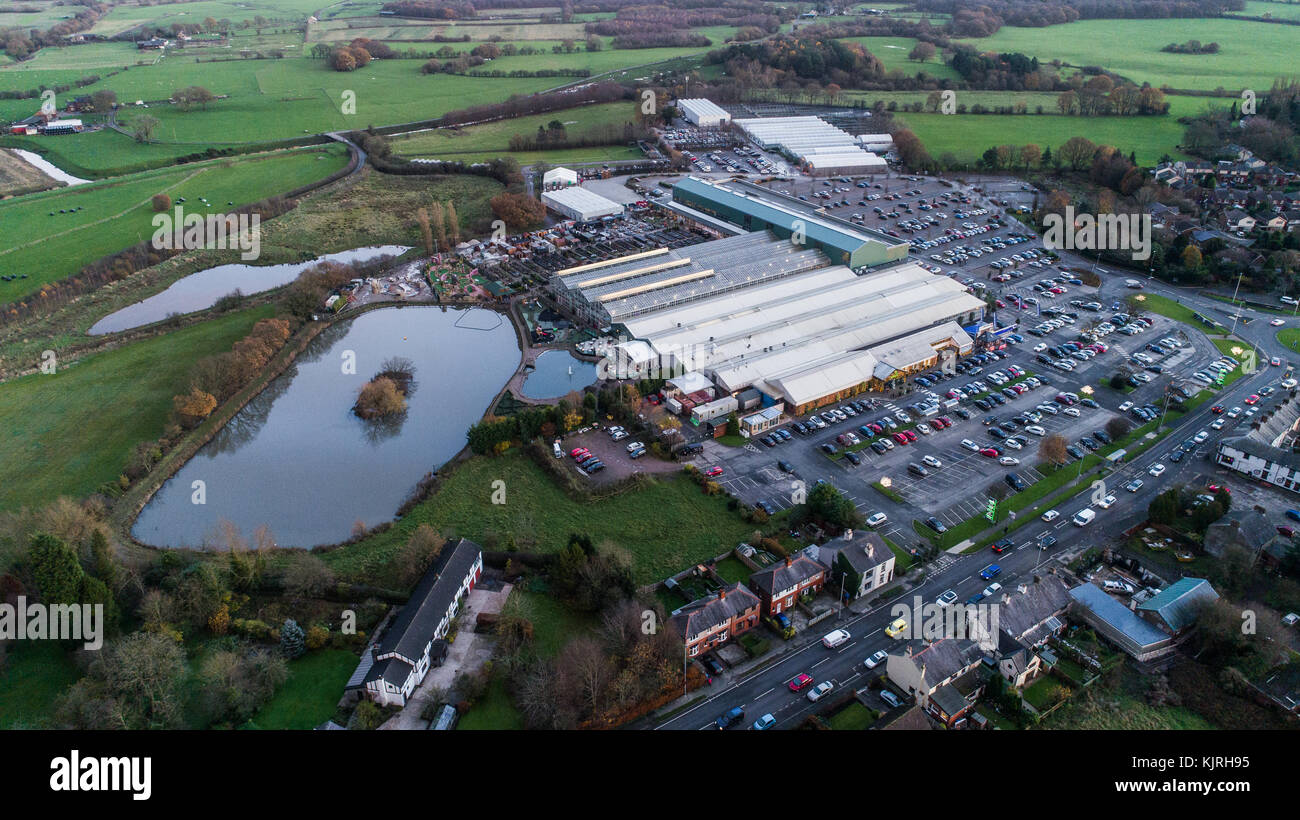 Aerial View Of Bents Garden Centre near Leigh In Glazebury, Warrington, Cheshire, UK Stock Photo