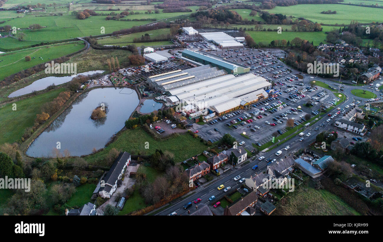 Aerial View Of Bents Garden Centre near Leigh In Glazebury, Warrington, Cheshire, UK Stock Photo