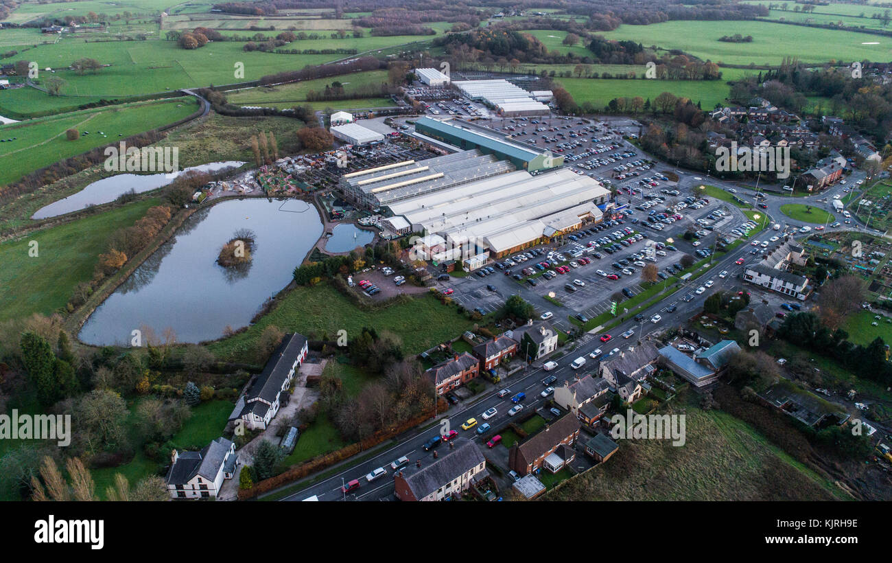 Aerial View Of Bents Garden Centre near Leigh In Glazebury, Warrington, Cheshire, UK Stock Photo