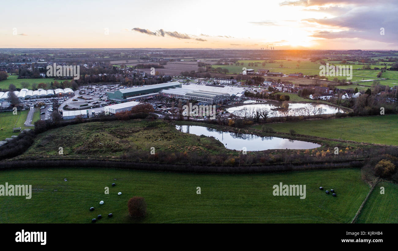Aerial View Of Bents Garden Centre near Leigh In Glazebury, Warrington, Cheshire, UK Stock Photo