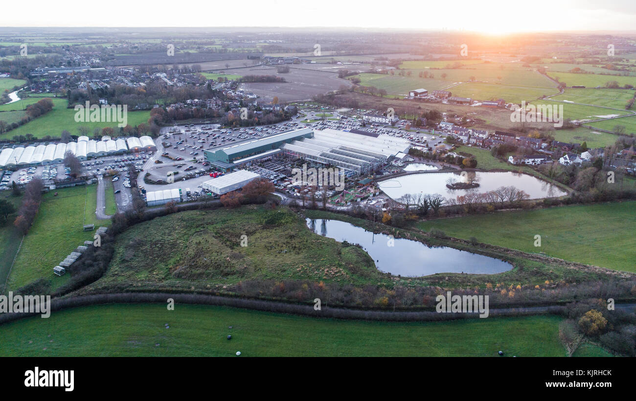 Aerial View Of Bents Garden Centre near Leigh In Glazebury, Warrington, Cheshire, UK Stock Photo