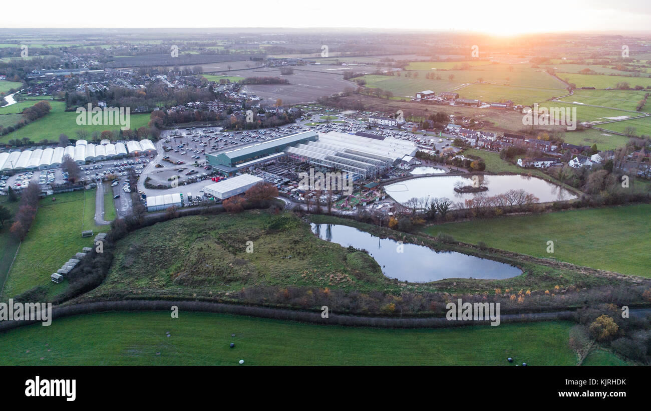 Aerial View Of Bents Garden Centre near Leigh In Glazebury, Warrington, Cheshire, UK Stock Photo