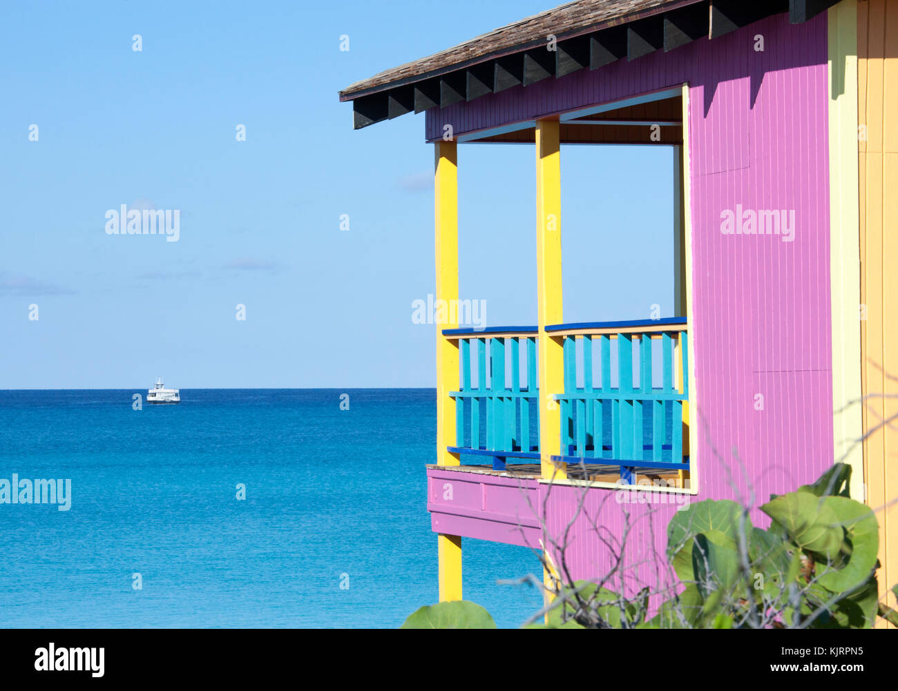 The colorful wooden structure on a beach with perfect view of Caribbean Sea (Half Moon Cay