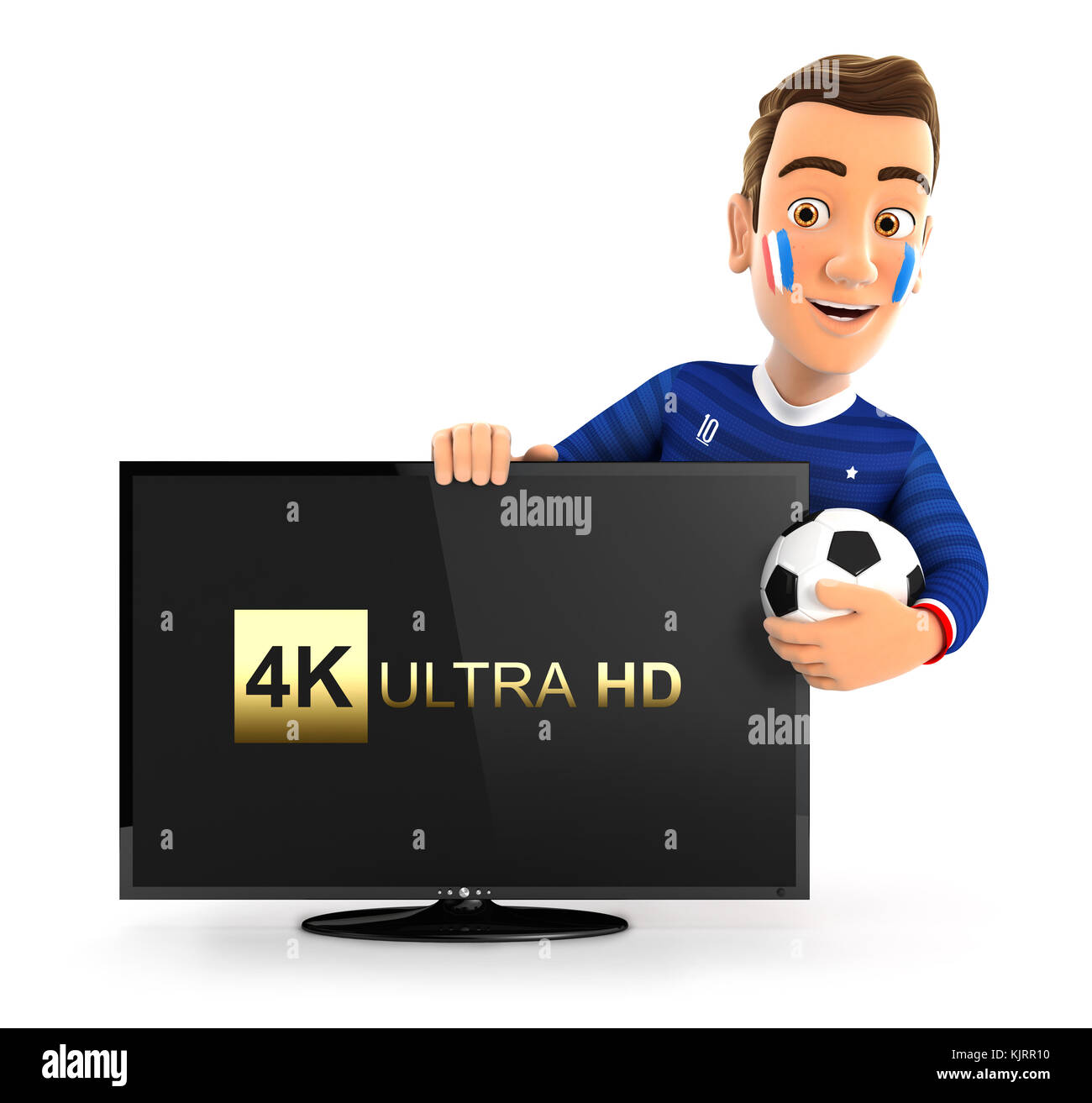 3d french soccer fan with 4K ultra HD television, illustration with