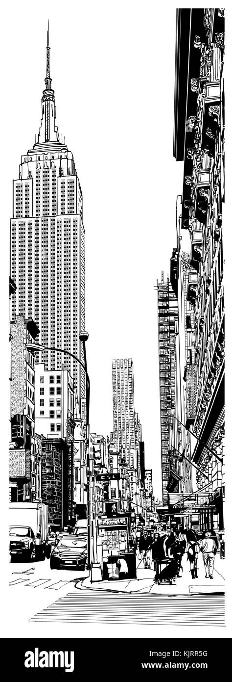 Empire State Building and 5th avenue in New York - vector illustration Stock Vector