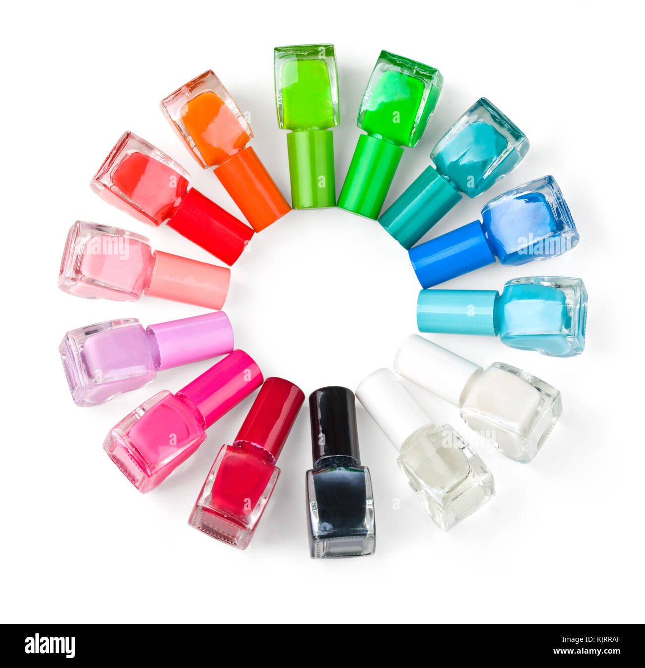 Coloured nail polish bottles stacked circle on a white background.With