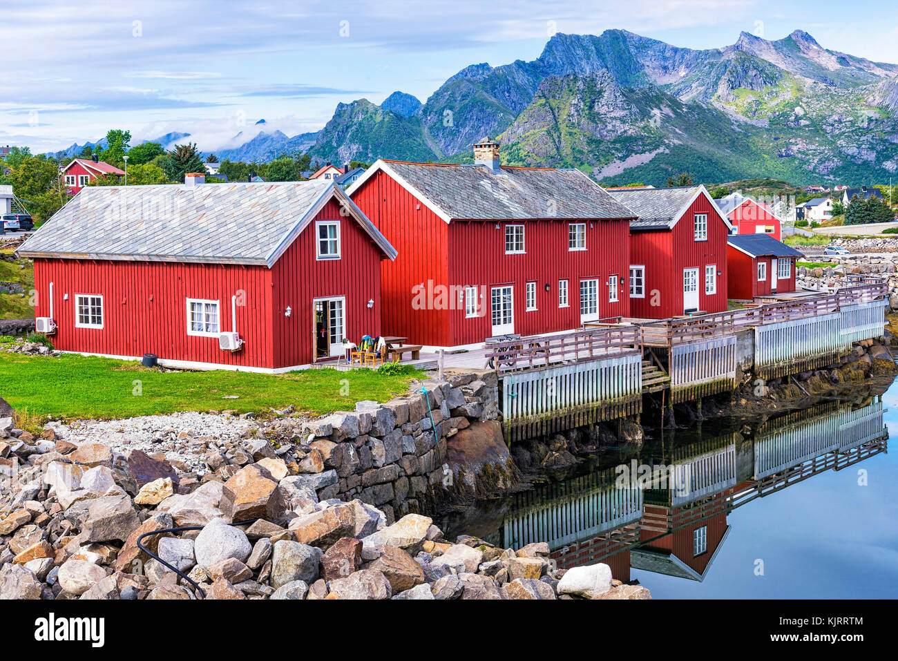 Rorbuer in Kabelvag village. Kabelvag is a village in the municipality of Vagan in Nordland county, Norway. Stock Photo