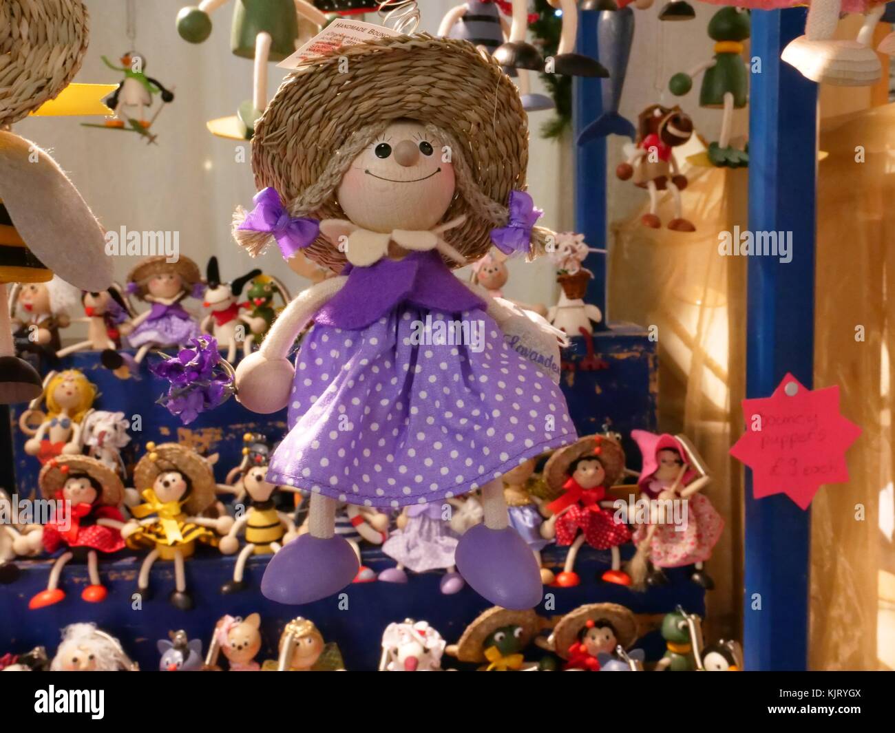 Toys and puppets on display at the Kingston upon Thames Christmas Market. November 2017 Stock Photo