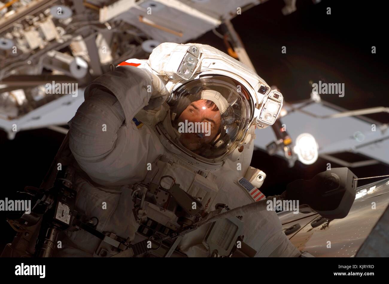 NASA STS-122 mission prime crew astronaut Rex Walheim works on the ...