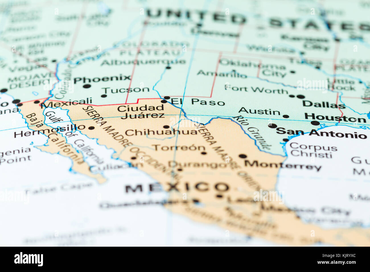 Concept image using a map focusing on the border between the USA and Mexico Stock Photo