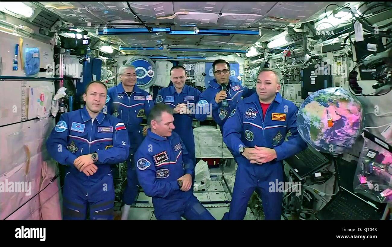 NASA Expedition 53 prime crew members (back, L-R) American astronaut Mark Vande Hei, Russian cosmonaut Alexander Misurkin of Roscosmos, American astronaut Joe Acaba, (front, L-R) Russian cosmonaut Sergey Ryazanskiy of Roscosmos, Italian astronaut Paolo Nespoli of the European Space Agency, and American astronaut Randy Bresnik talk to Pope Francis during a video call aboard the International Space Station October 26, 2017 in Earth orbit.   (photo by NASA Photo via Planetpix) Stock Photo