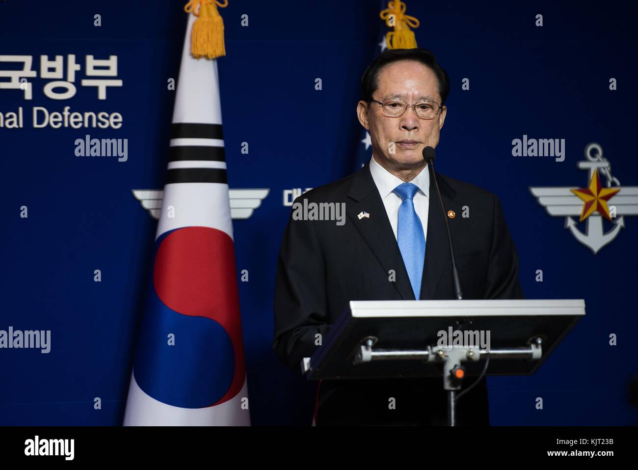 South Korean Defense Minister Song Young-moo speaks to the press after the 49th Security Consulative Meeting at the South Korean Ministry of Defense October 28, 2017 in Seoul, South Korea. (photo by Amber I. Smith via Planetpix) Stock Photo