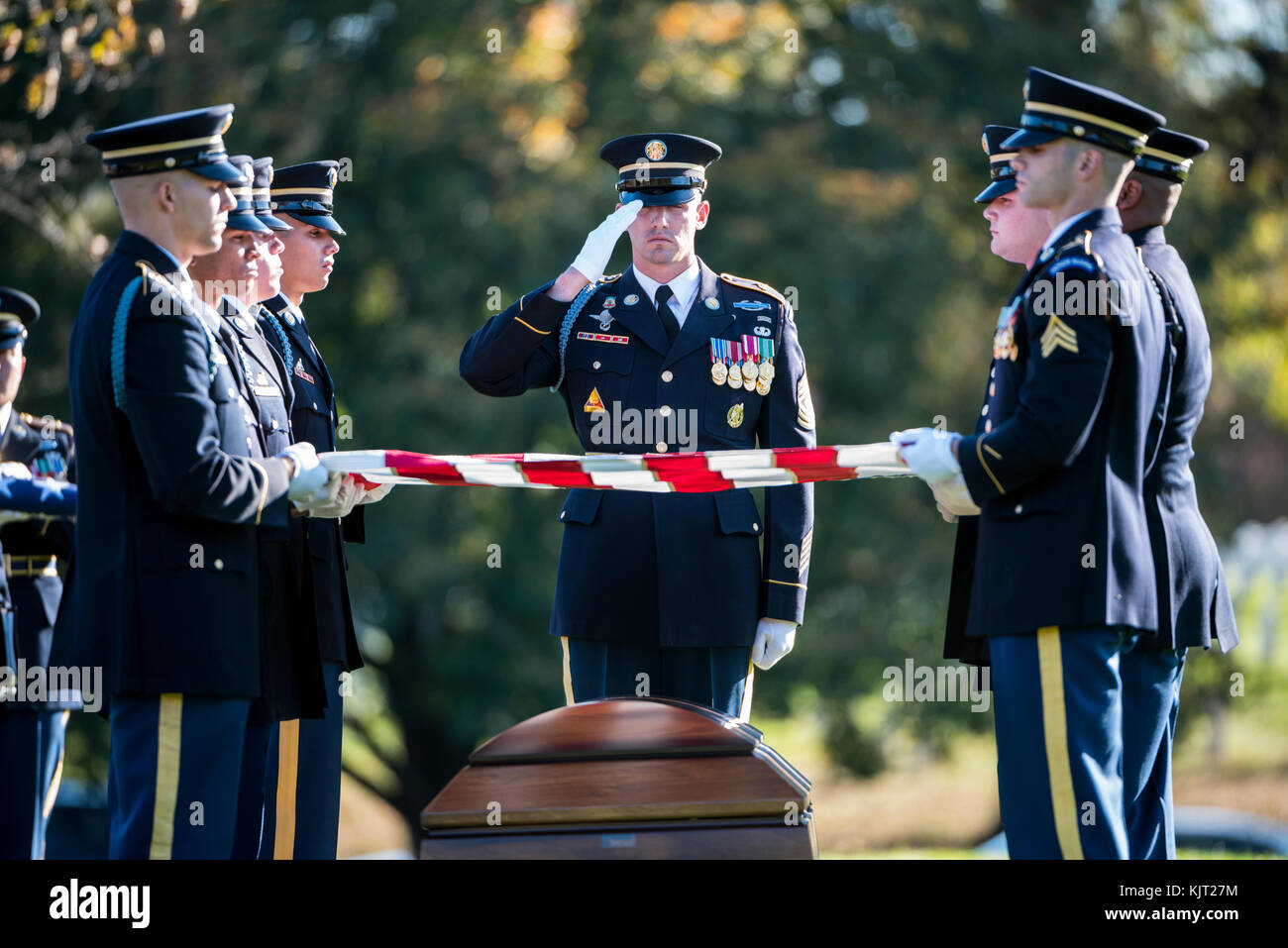 U.S. Army Honor Guard soldiers conduct a military funeral for U.S. Army soldier Bryan Black at the Arlington National Cemetery October 30, 2017 in Arlington, Virginia. Black died from wounds sustained during enemy contact in Niger. (photo by Elizabeth Fraser via Planetpix) Stock Photo