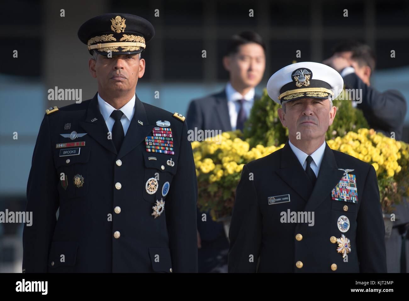 United Nations and U.S. Forces Korea Command Commander Vincent Brooks (left) and U.S. Pacific Commander Harry Harris stand at attention during a South Korean honor guard ceremony at the Ministry of Defense October 28, 2017 in Seoul, South Korea. (photo by Amber I. Smith via Planetpix) Stock Photo