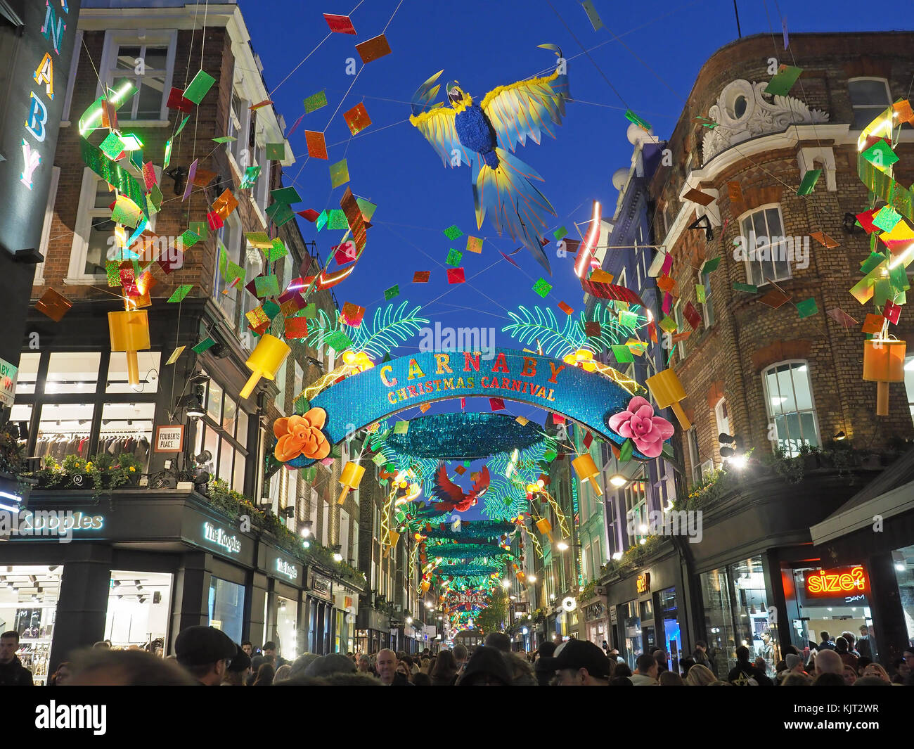 View looking up at the beautiful Christmas lights in Carnaby Street in the city of London 2017 Stock Photo