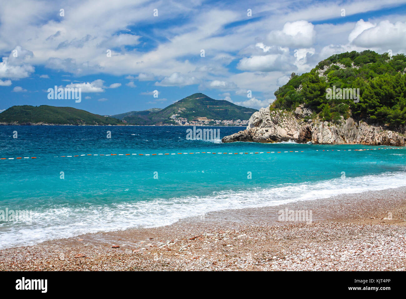 Picturesque summer view of Adriatic seacoast in Budva Riviera. Milocer beach (Milocer plaza), Sveti Stefan, Montenegro Stock Photo