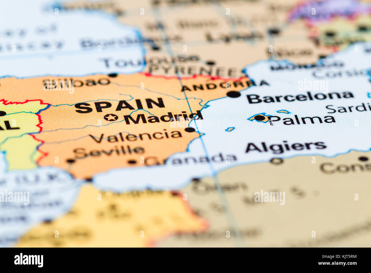 Close up of a world map with Spain in focus Stock Photo