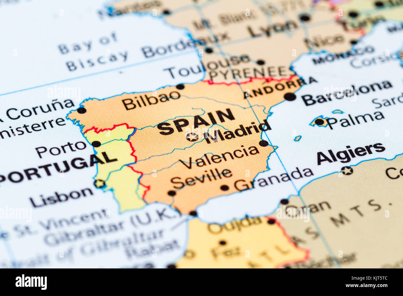 Close up of a world map with Spain in focus Stock Photo