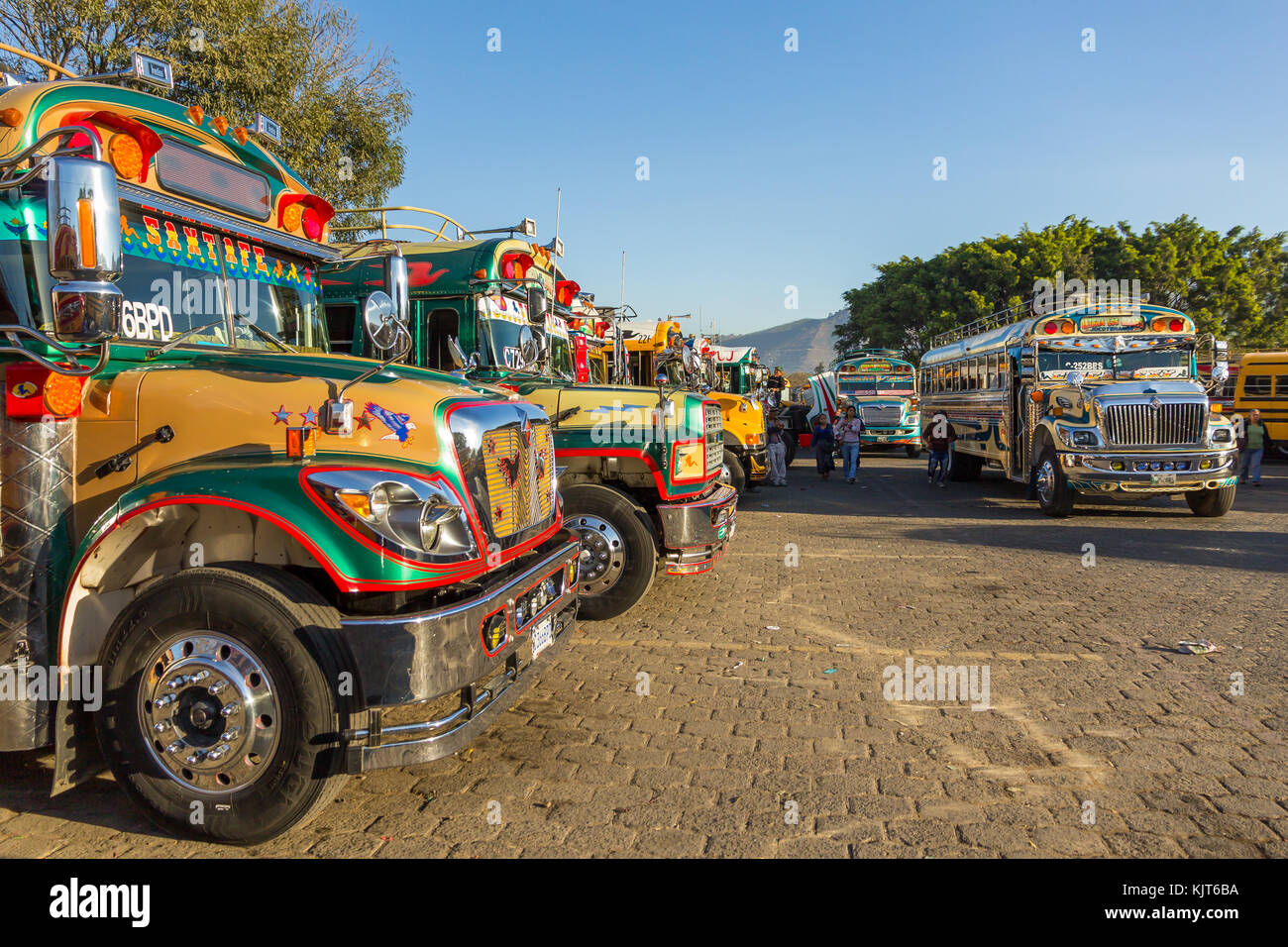 Chicken buses at bus terminal | Antigua | Guatemala Stock Photo