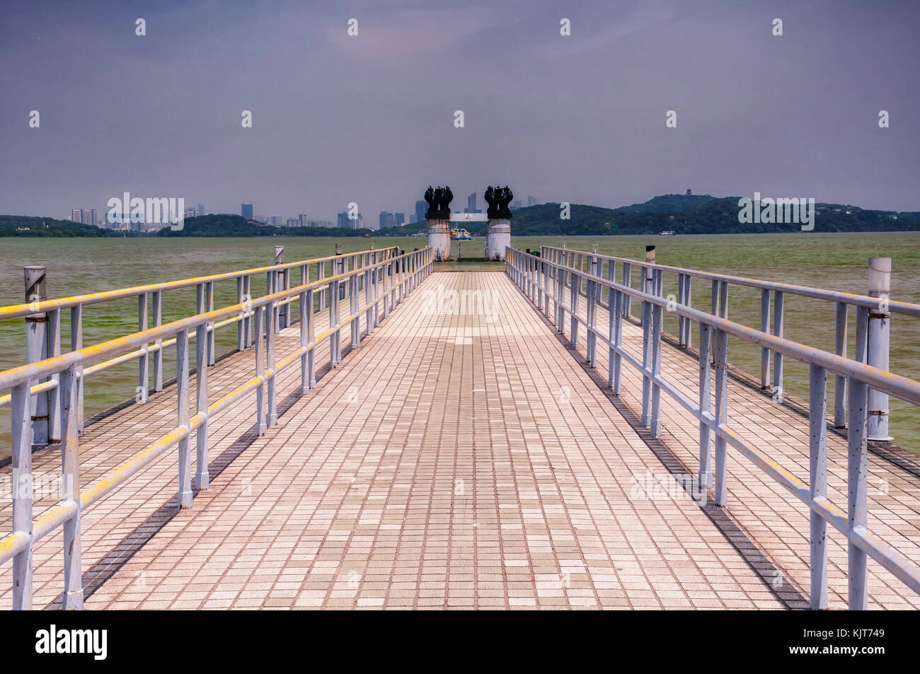 A boat dock on three mount island on lake tai or taihu in Wuxi China on Jiangsu province. Stock Photo