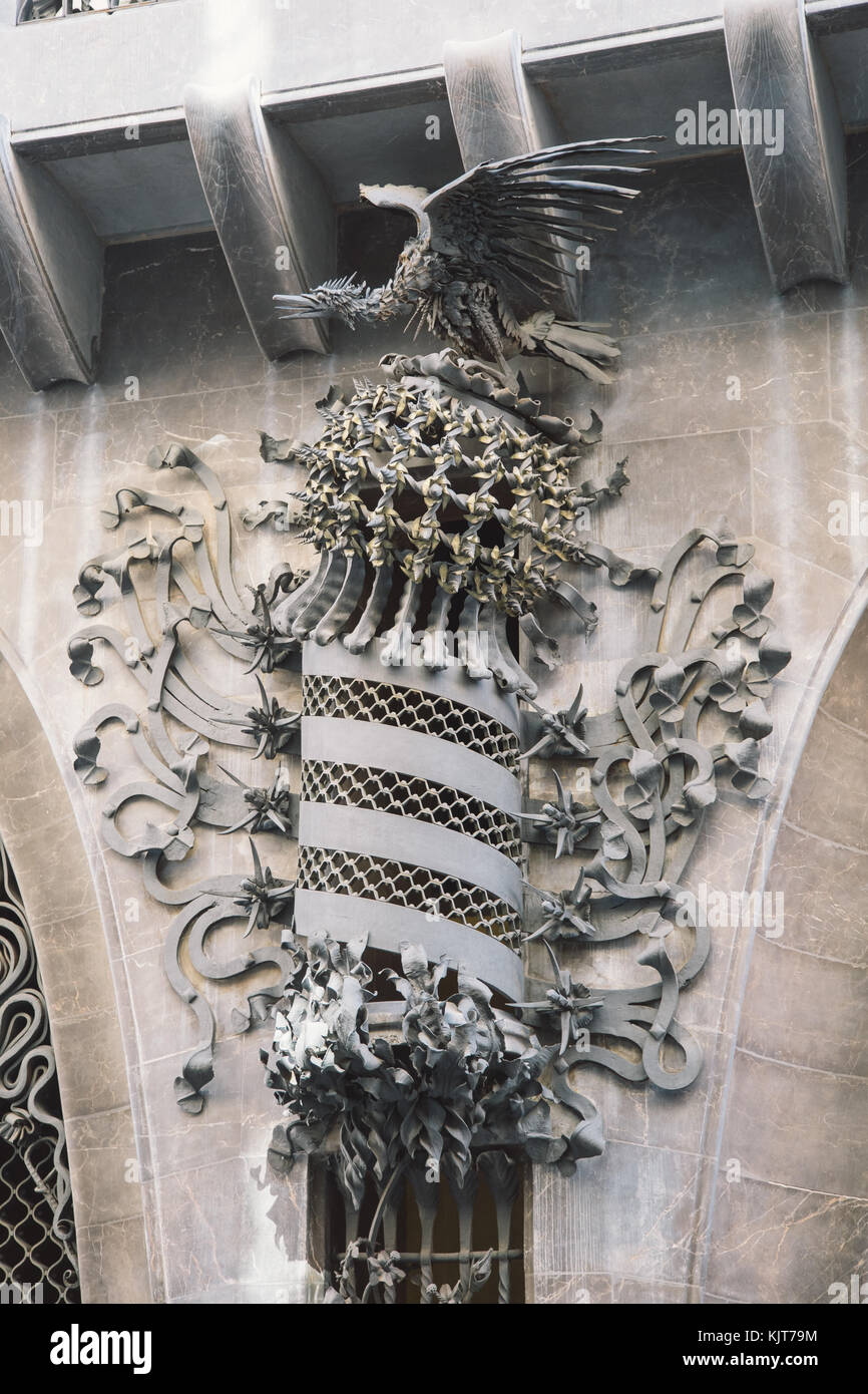 Phoenix and metal ornament on Palau Guell in Barcelona, Spain Stock Photo