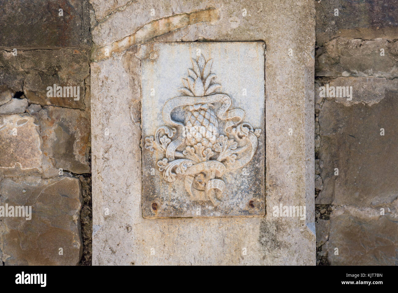 Royal pineapple symbol of Mexican Emperor Maximilian on a stone wall at castle Miramare, Trieste, Italy Stock Photo