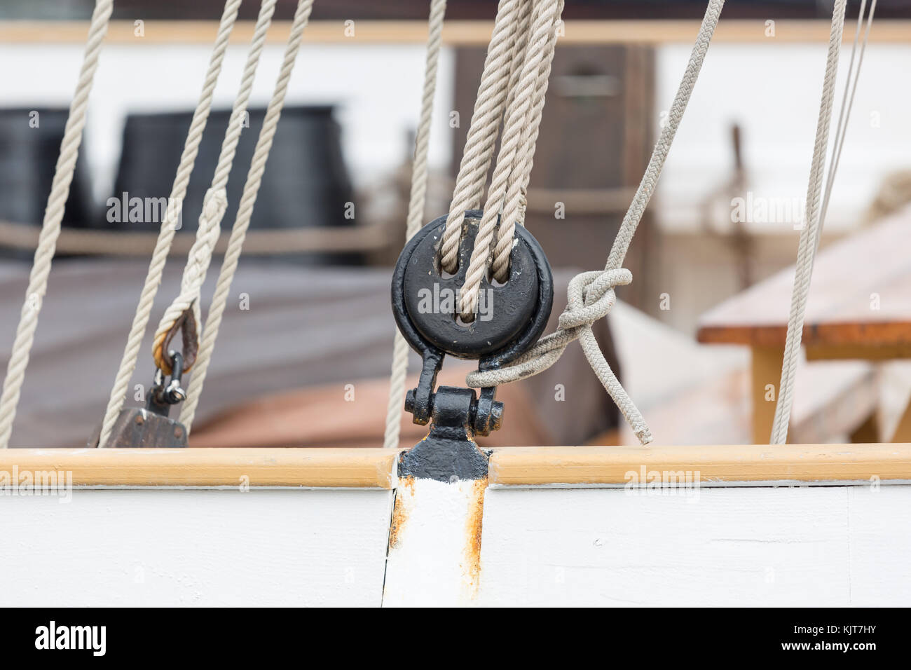 Detail of a pulley / rig on a traditional sailboat in the port of Barcelona, Spain Stock Photo
