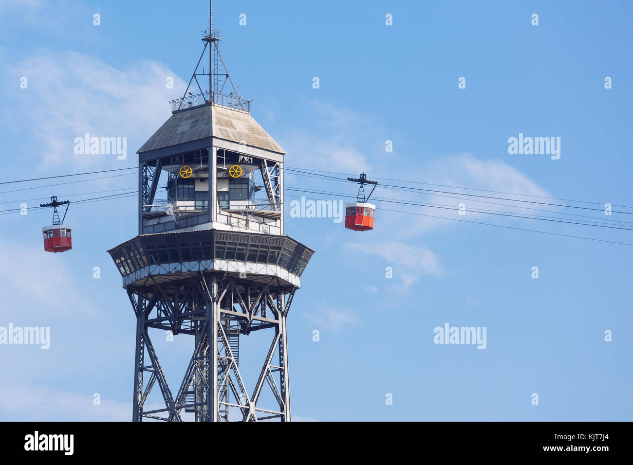 The tower with two cable cars for Transbordador Aeri del Port in Barcelona, Spain Stock Photo