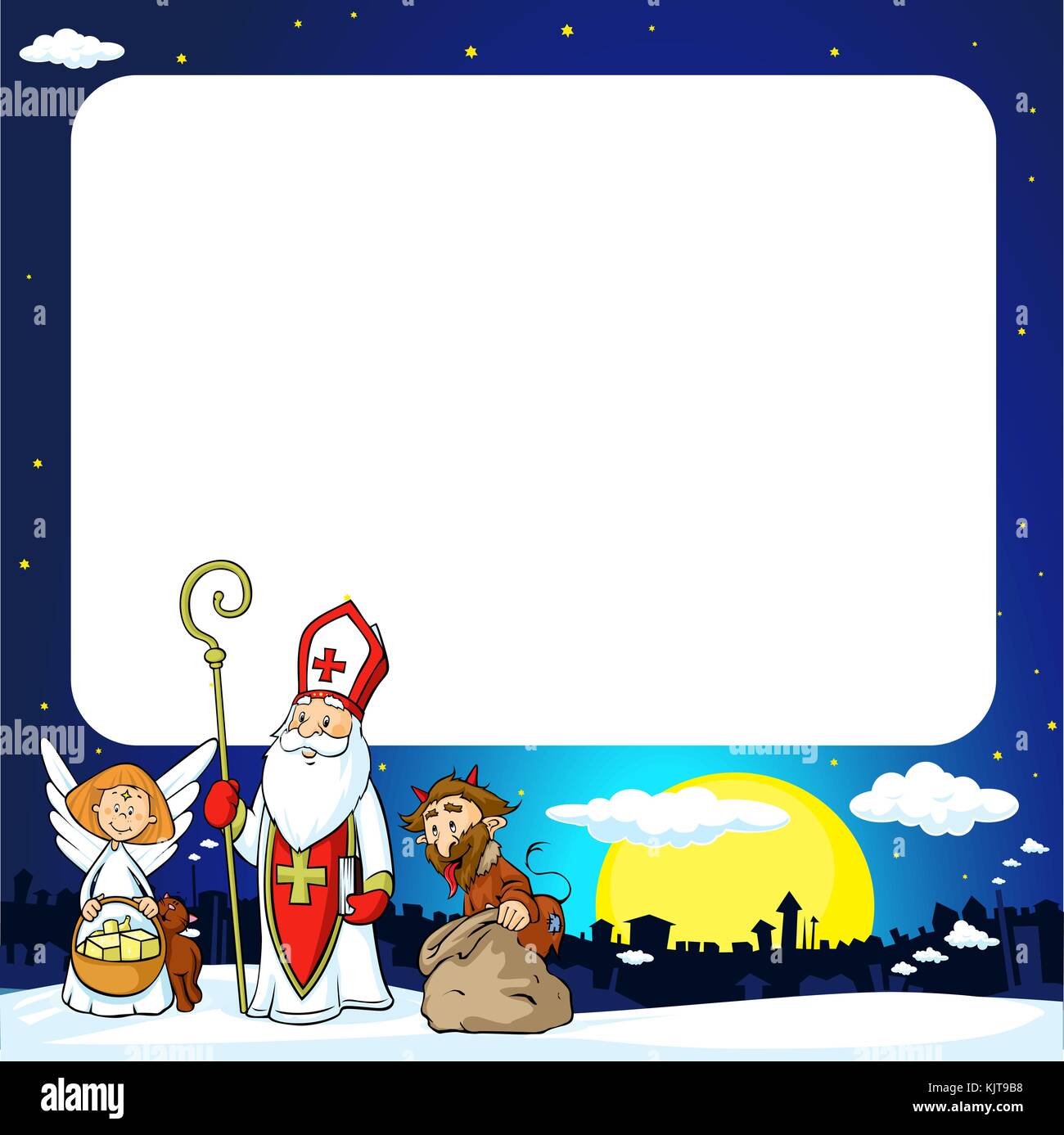 Saint Nicholas, devil and angel in town - vector illustration frame .During the Christmas season they are warning and punishing bad children and give  Stock Vector