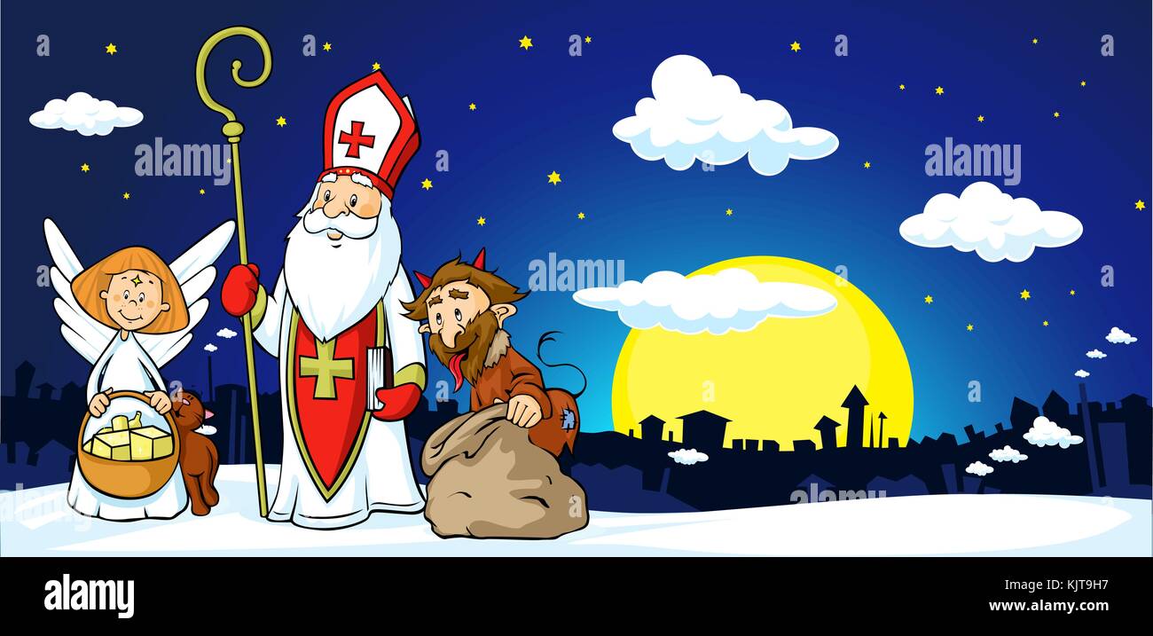 Saint Nicholas, devil and angel in town - vector illustration .During the Christmas season they are warning and punishing bad children and give gifts  Stock Vector