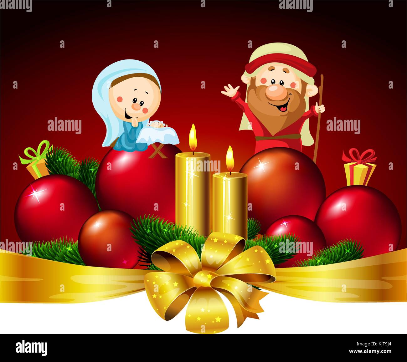 Joseph, Mary and Jesus  - Christmas vector banner design illustration with candle and xmas ball decoration Stock Vector