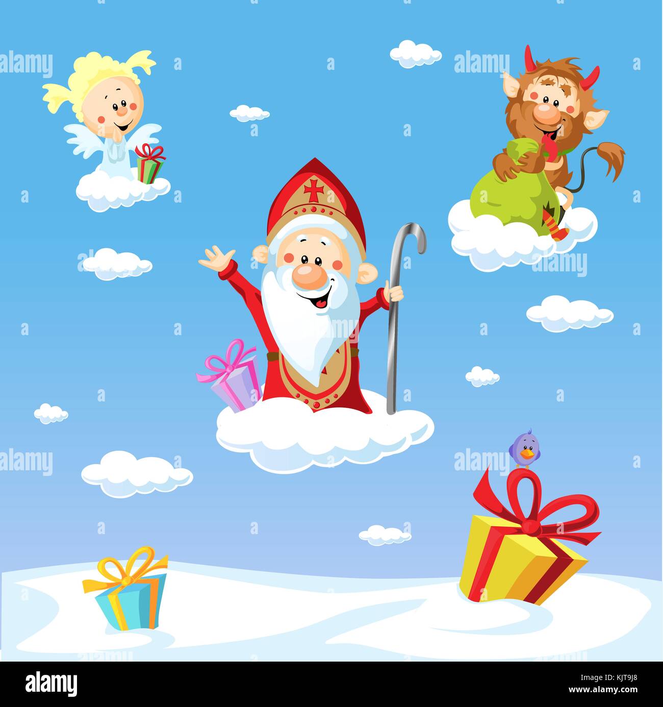 Saint Nicholas, devil and angel - vector illustration with blue sky .During the Christmas season they are warning and punishing bad children and give  Stock Vector