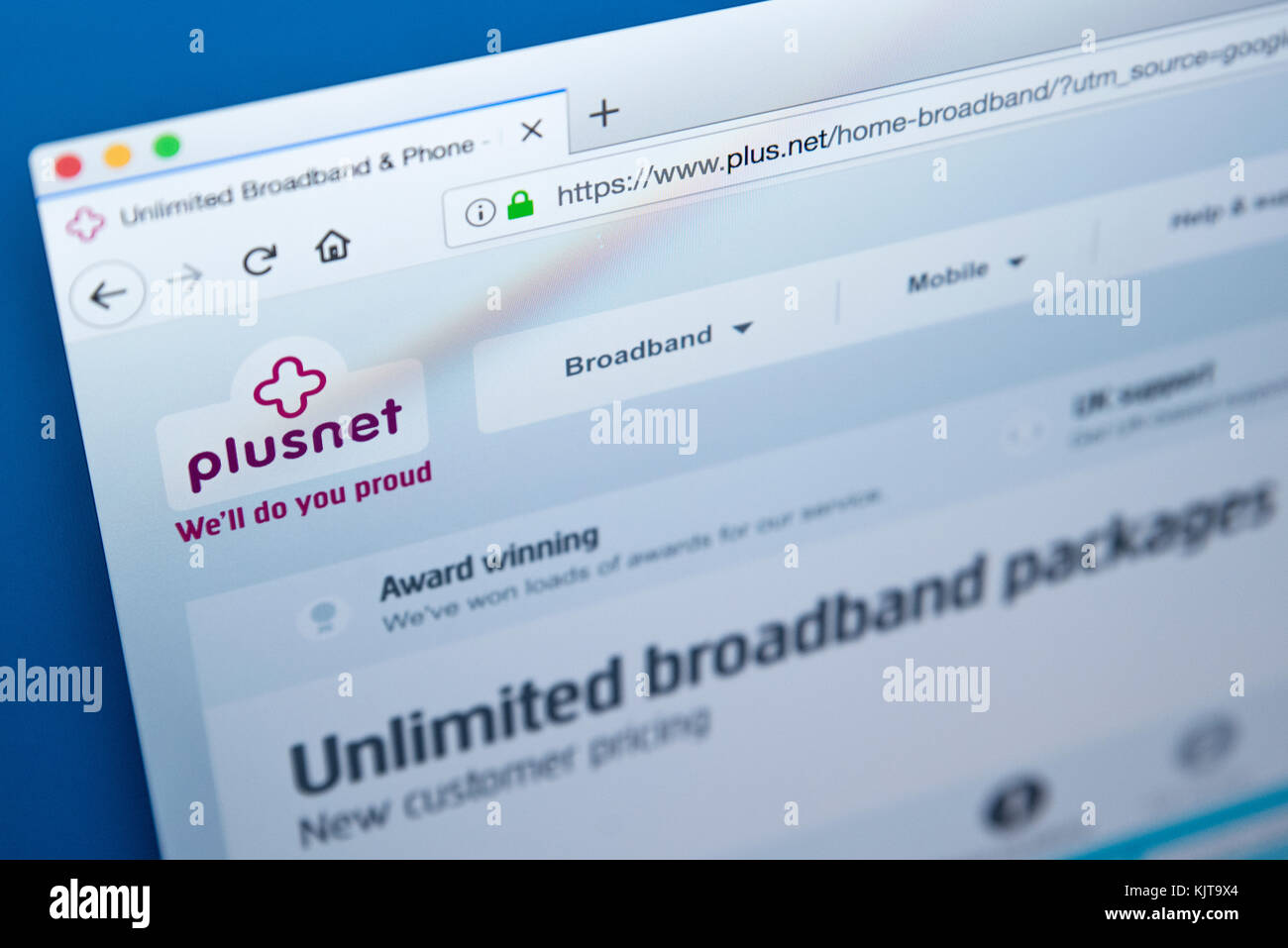 LONDON, UK - NOVEMBER 25TH 2017: The homepage of the official website for Plusnet plc - the British internet service provider, on 25th November 2017. Stock Photo